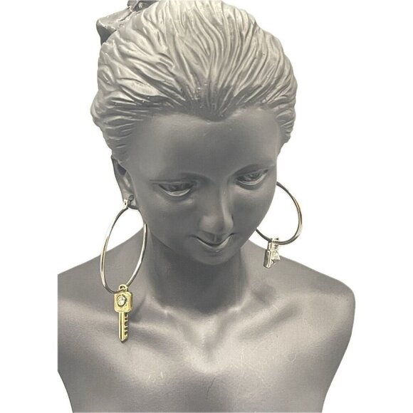 Steve Madden Silver-Brass Lock & Key Charms Pave Accent Two Sized Hoop Earrings - Picture 3 of 4